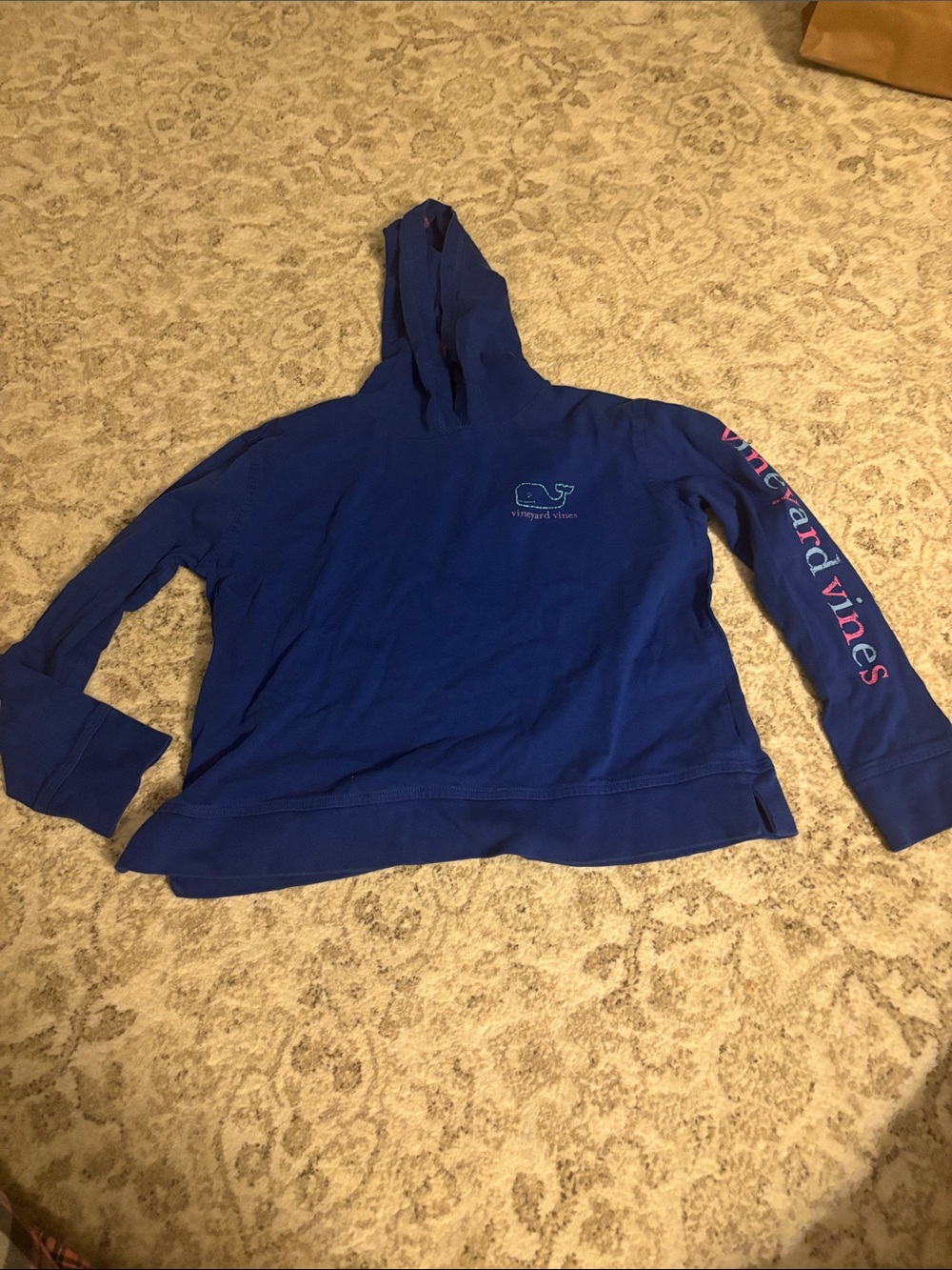 Vineyard Vines Deep Blue Whale Logo Hoodie with Pink Sleeve Text